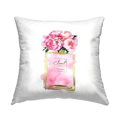 Stupell Industries Pink Peonies in Pink Fashion Fragrance Bottle Throw Pillow 18" x 18"