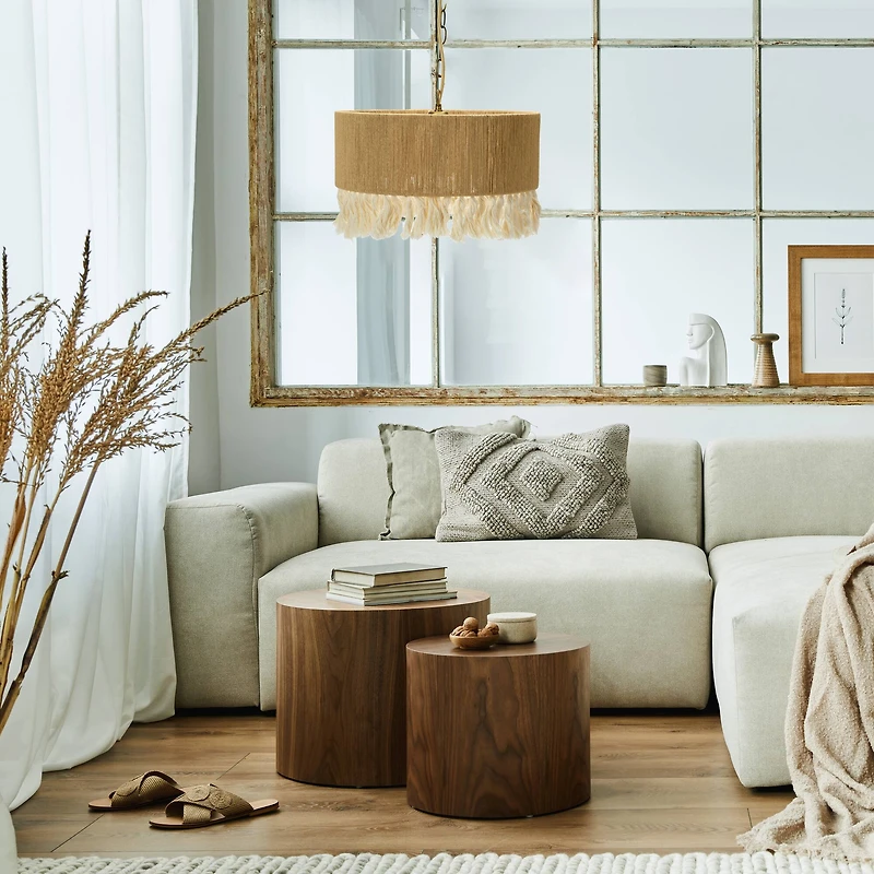 Hello Honey® 16" Brown Coastal Pendant Lamp with Natural Paper Rope Shade, Fringe Detail and Iron Base