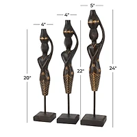 Set of 3 Black Wood Bohemian Sculptures, 23" x 4" x 4"