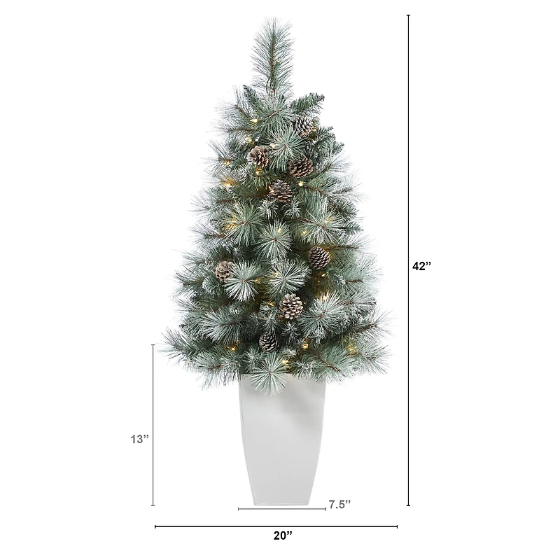 3.5ft. Pre-Lit Frosted British Columbia Mountain Pine Artificial Christmas Tree in White Planter, Clear Lights