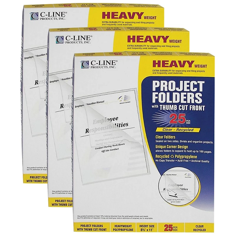 C-Line® Clear 11" x 8.5" Poly Project Folders, 3 Pack of 25