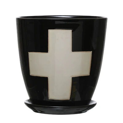Hello Honey® 6" Black Stoneware Planter with Saucer & Wax Relief White Swiss Cross Set