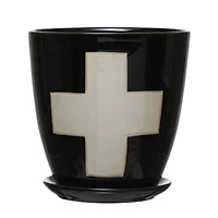 Hello Honey® 6" Black Stoneware Planter with Saucer & Wax Relief White Swiss Cross Set