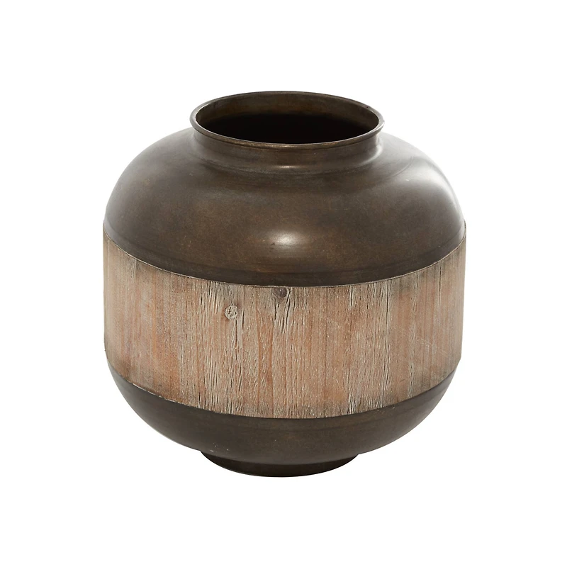 14" Brown Metal & Wood Rustic Jar