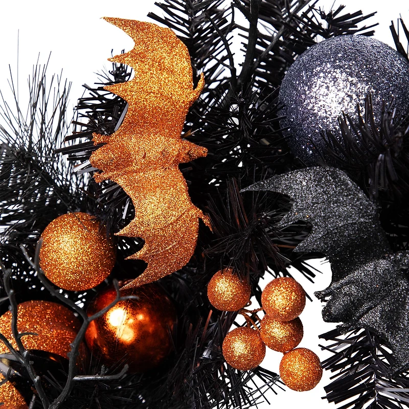 24'' Unlit Orange Ornaments and Ghost Halloween Pine Wreath