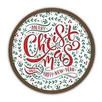 Merry Christmas & Happy New Year Round Wall Art in Brown Frame