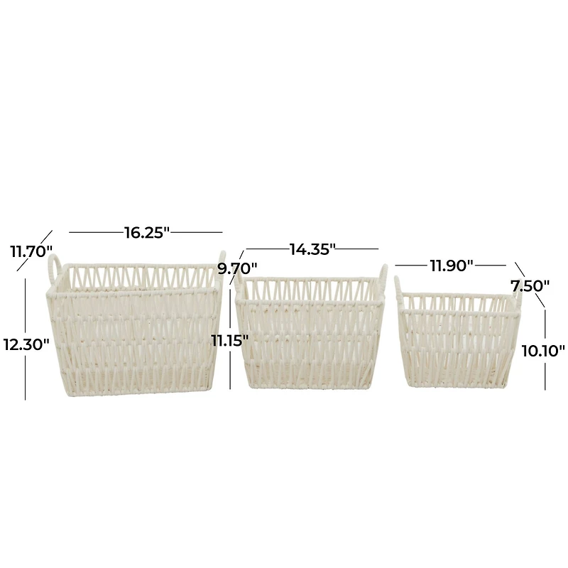 White Cotton Handmade Storage Basket with Handles Set of 3 12", 11", 10"