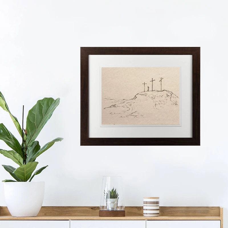 Crosses On Hill Sketch 5 11" x 14" Walnut Framed Print Under Plexiglass