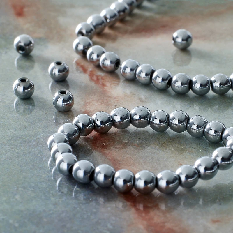 Rhodium Reconstituted Hematite Round Beads by Bead Landing