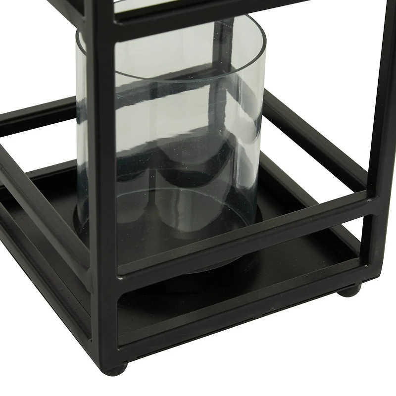 Black Iron Contemporary Candle Holder Lantern, 16" x 8" x 8"
