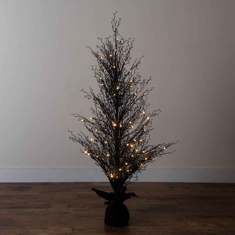 5ft. Pre-Lit LED Halloween Black Twig Artificial Fall Tree in Burlap Planter