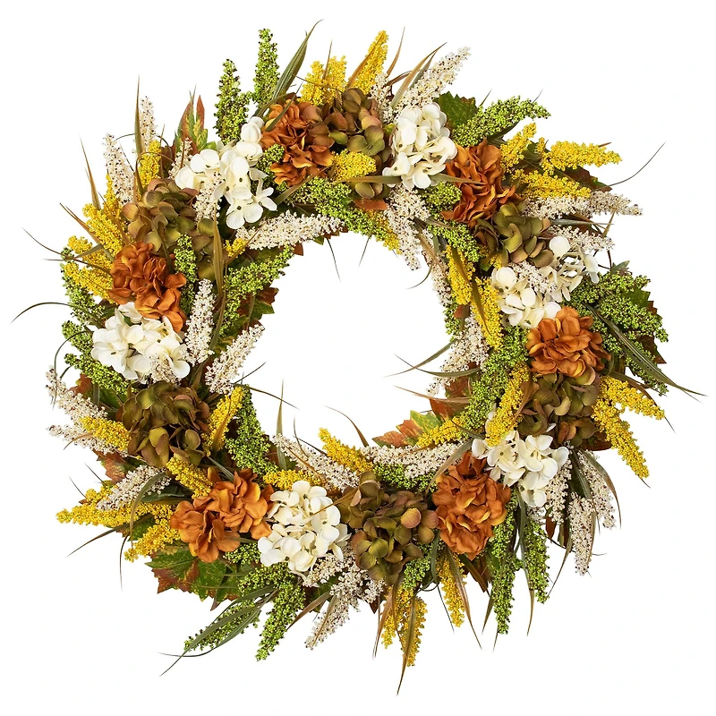 28" White & Orange Hydrangea Artificial Fall Harvest Twig Wreath