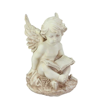 12" Ivory Sitting Cherub Angel with Book Garden Statue