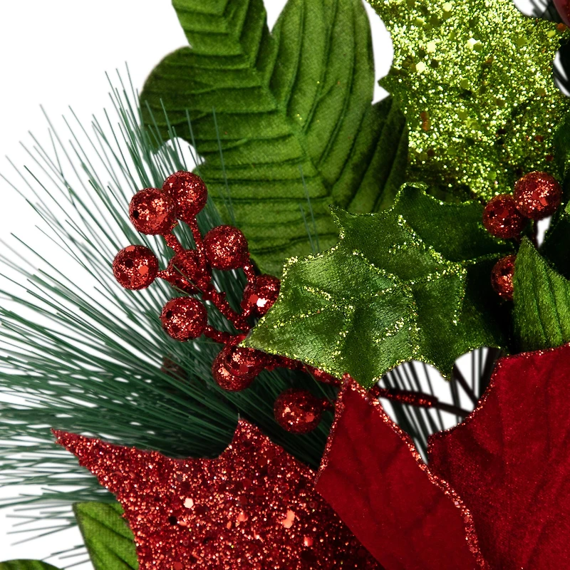 24" Red Glittered Poinsettia & Long Pine Christmas Wreath