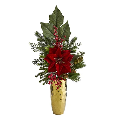 32" Poinsettia, Berries, Pine & Pinecone Arrangement in Gold Vase