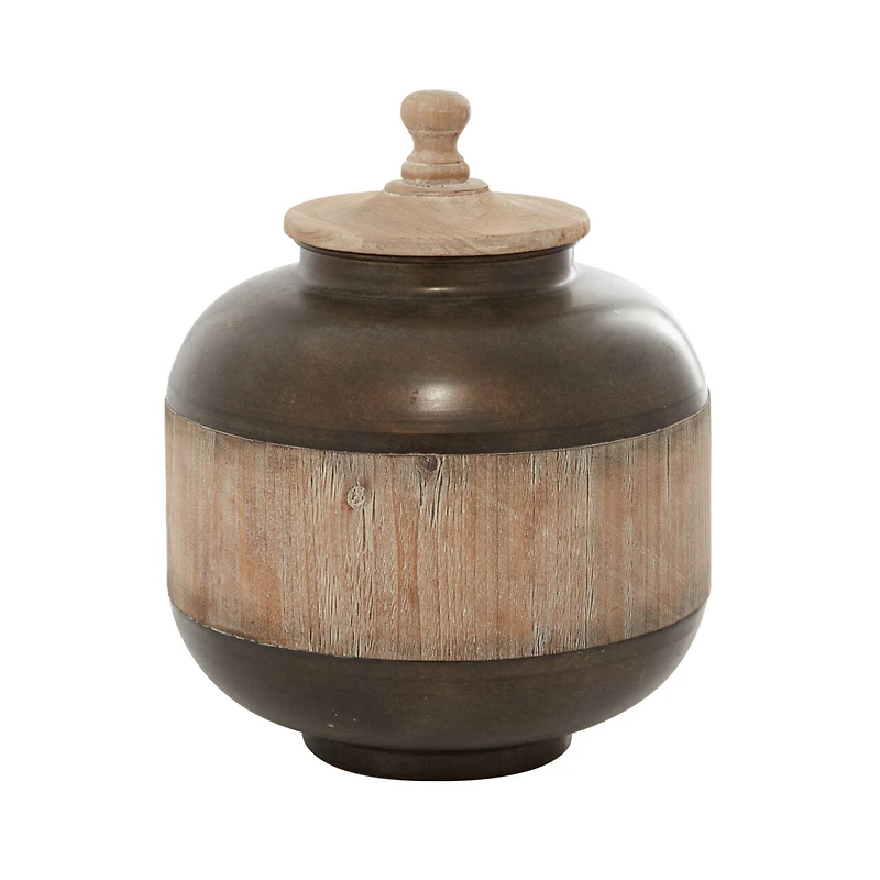 14" Brown Metal & Wood Rustic Jar