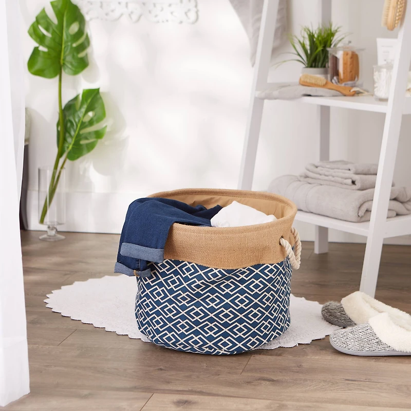 Large Navy Burlap Diamond Round Bin