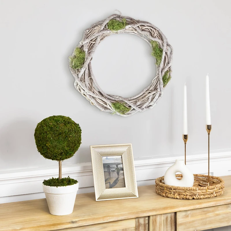 11" White Twig & Green Moss Spring Wreath