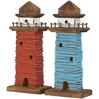 10" Red & Blue Wood Light Housee Sculpture Set