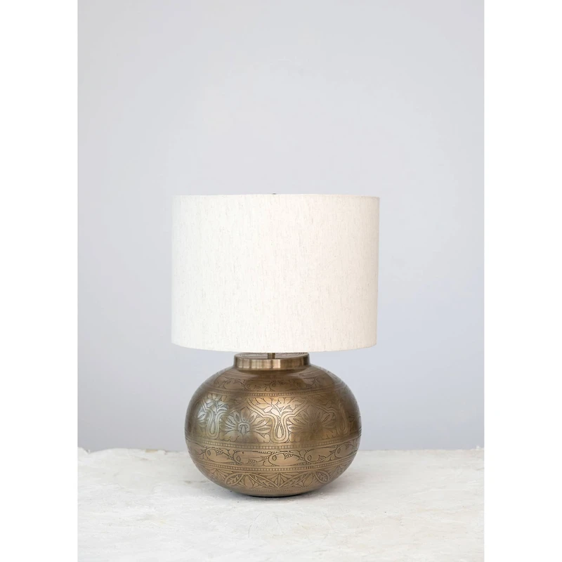 Hello Honey® 20" Antique Brass Finish Round Etched Metal Table Lamp with Cotton Shade