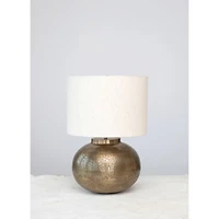 Hello Honey® 20" Antique Brass Finish Round Etched Metal Table Lamp with Cotton Shade