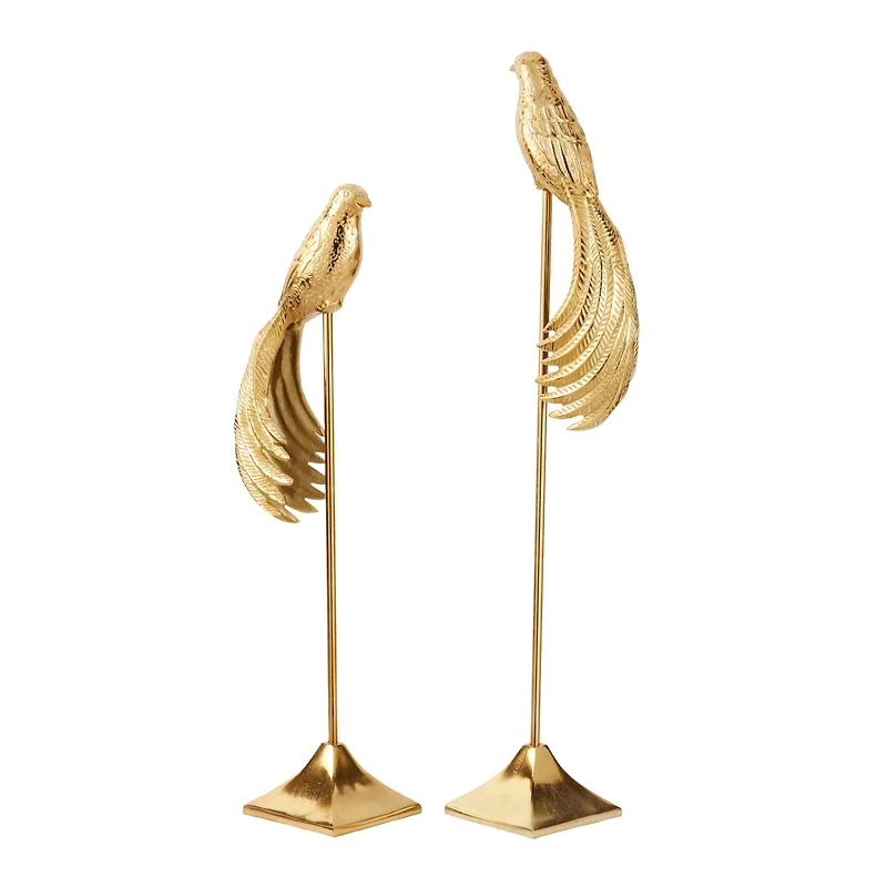 Set of 2 Gold Aluminum Eclectic Bird Sculpture, 32", 27"