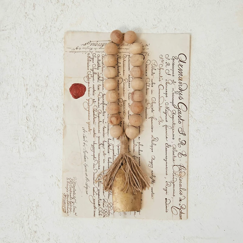 Hello Honey® 13" Antique Gold Finish Metal Bell & Mango Wood Bead Door Hanger with Jute Fringe