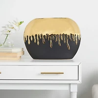 CosmoLiving by Cosmopolitan 11" Black Ceramic Vase with Abstract Gold Melting Drips