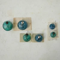 Hello Honey® 12 Pack 4" Blue & Green Etched Leaves Ball Glass Ornaments