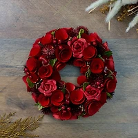 Red Wooden Rose and Berry Artificial Wreath 9.5" Unlit