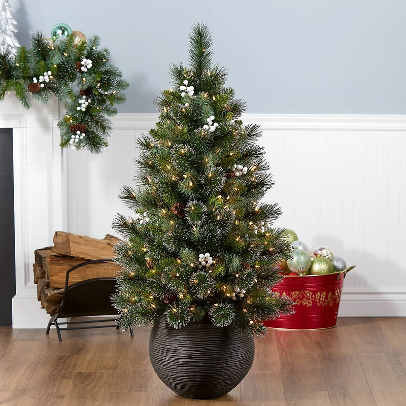 4ft. Pre-Lit Spruce Glittery Crestwood® Artificial Potted Christmas Tree, Clear Lights
