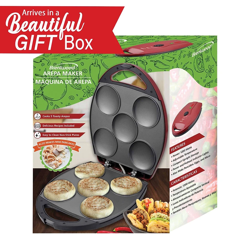 Brentwood Red 1200 Watt 5-Piece Nonstick Arepa Maker