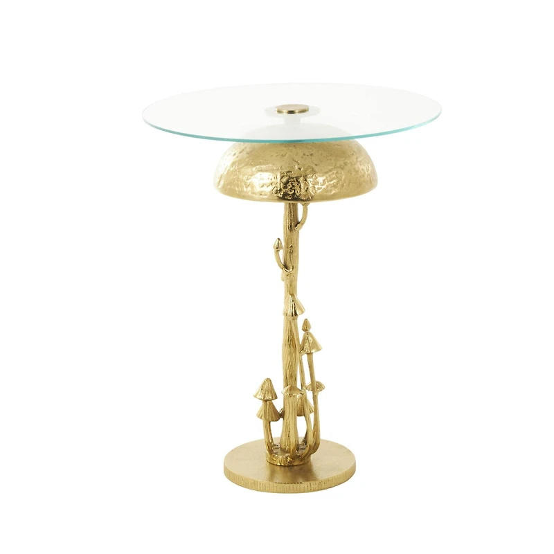 23" Gold Aluminum Metal Mushroom Table with Glass Tabletop