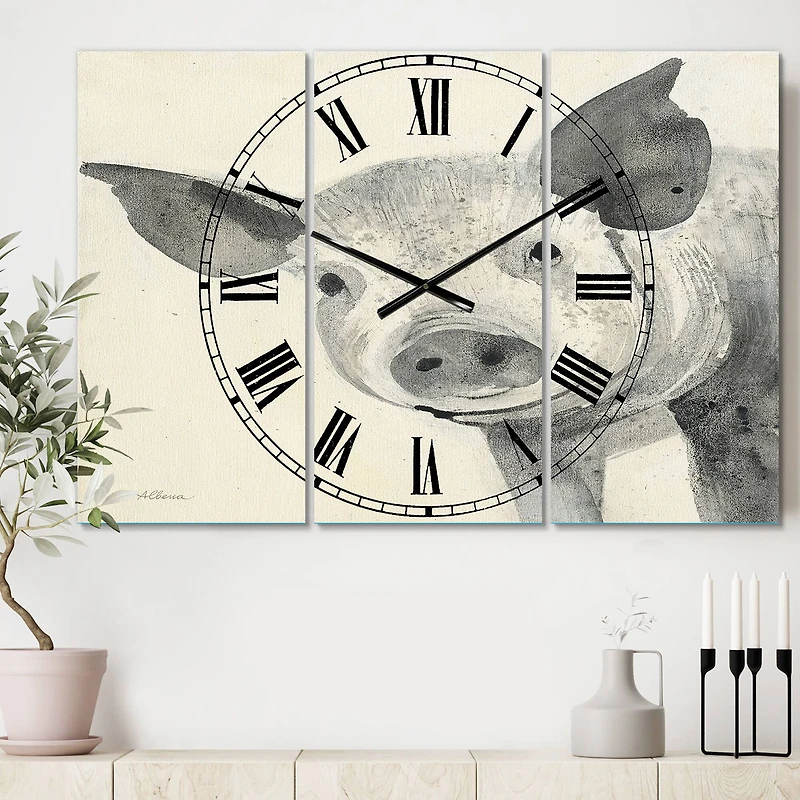 Designart 'Piglet Farmhouse Animal In Black And White Farmhouse Multipanel Wall Clock