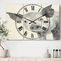 Designart 'Piglet Farmhouse Animal In Black And White Farmhouse Multipanel Wall Clock