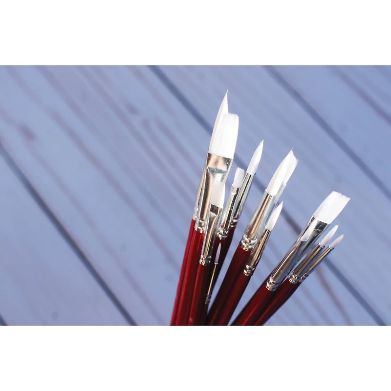 Hello, Artist! Long Handle White Taklon Flats & Rounds 12 Piece Brush Set
