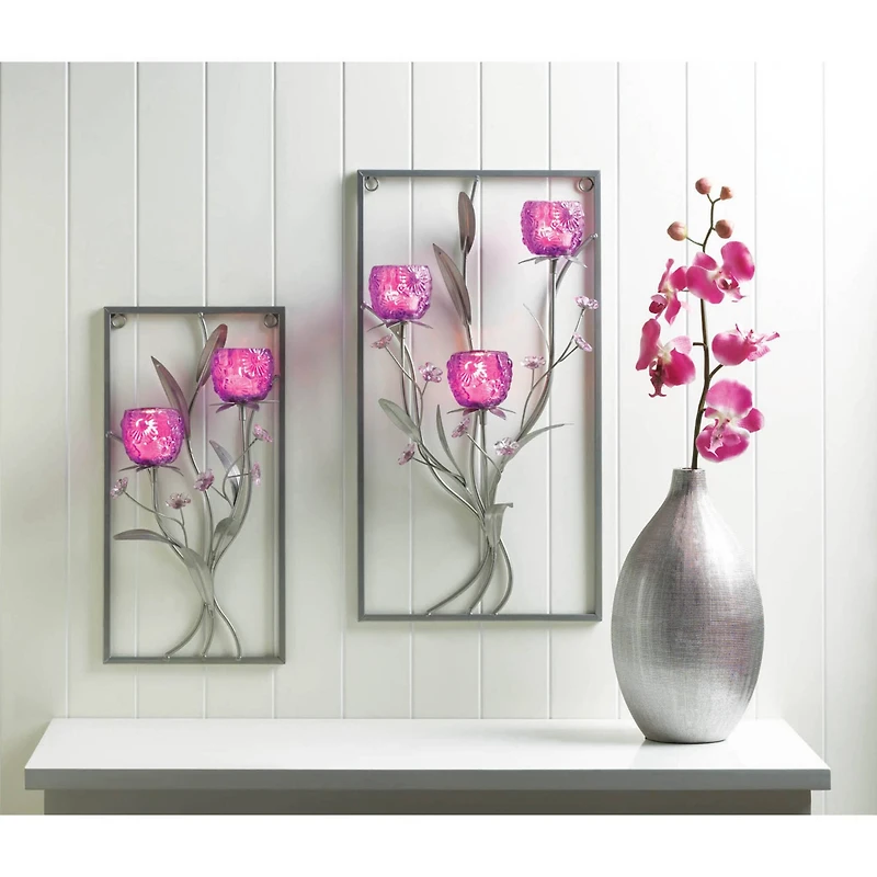 15.5" Magenta Flower 2-Candle Wall Sconce