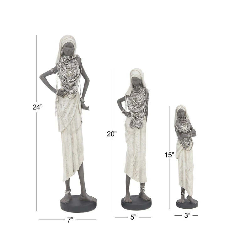 Set of 3 White Eclectic Polystone Women Sculpture 15", 20", 24"