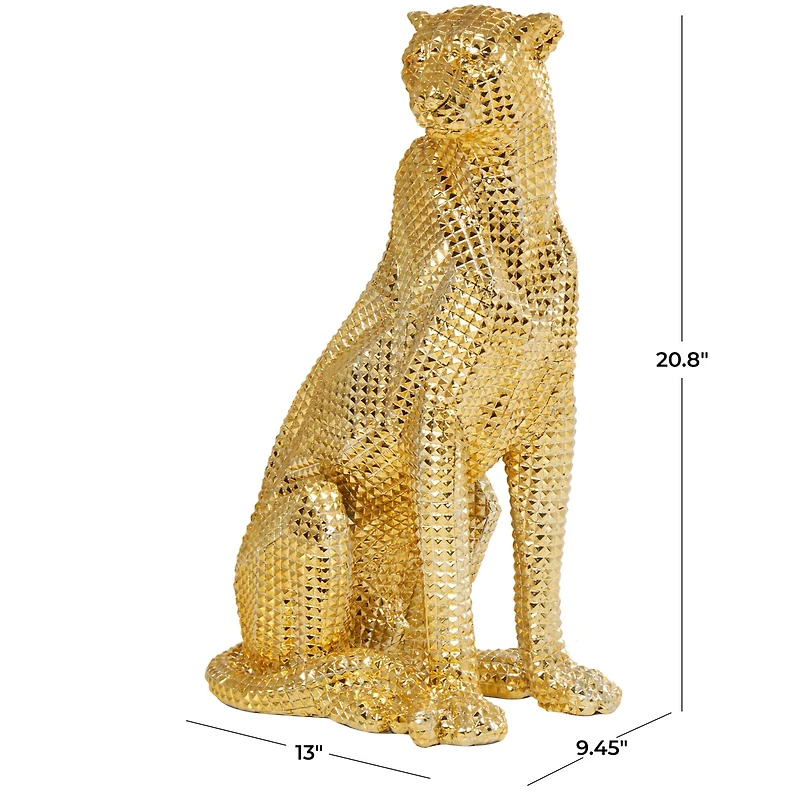 20.75" Golden Sitting Leopard Floor Sculpture with Diamond Faceted Texture