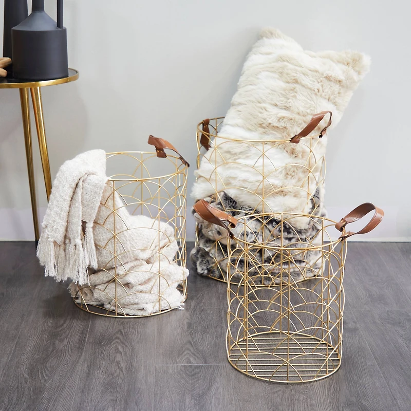 CosmoLiving by Cosmopolitan Gold Metal Storage Basket with Faux Leather Handles Set of 3 16", 14", 12"