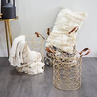 CosmoLiving by Cosmopolitan Gold Metal Storage Basket with Faux Leather Handles Set of 3 16", 14", 12"
