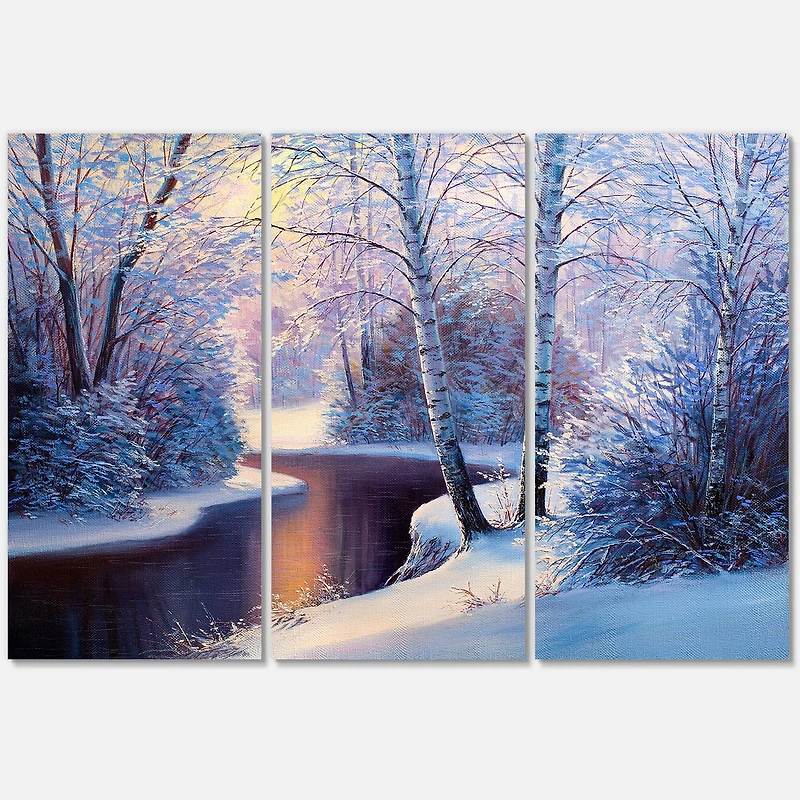 Designart - Christmas Forest With River and Trees I - Traditional Canvas Wall Art Print