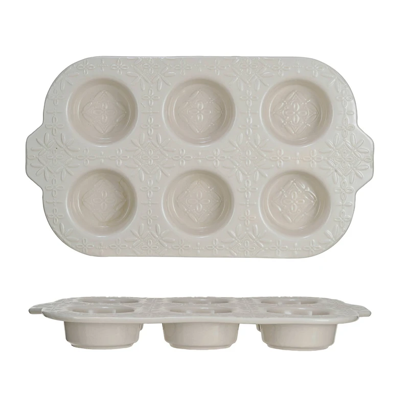 Hello Honey® 14" Cream Embossed 6-Muffin Stoneware Pan