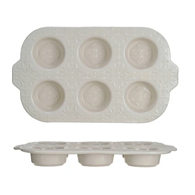 Hello Honey® 14" Cream Embossed 6-Muffin Stoneware Pan