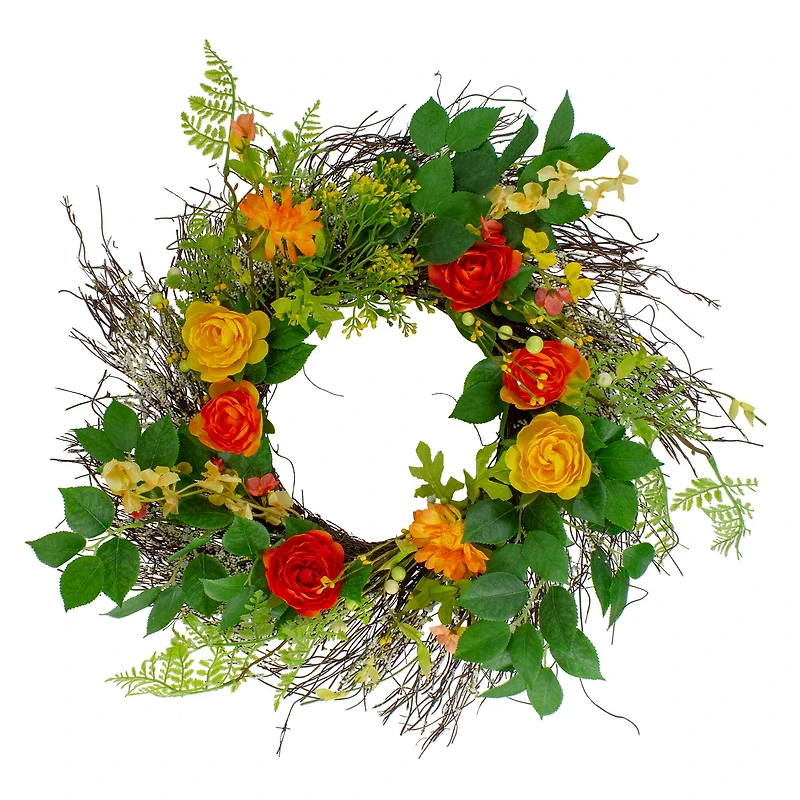 20" Orange & Yellow Ranunculus & Rose Floral Spring Wreath