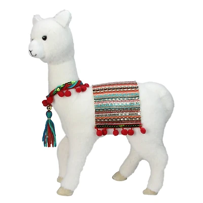 14" White Plush Bohemian Standing Llama Christmas Figure with Pom Poms