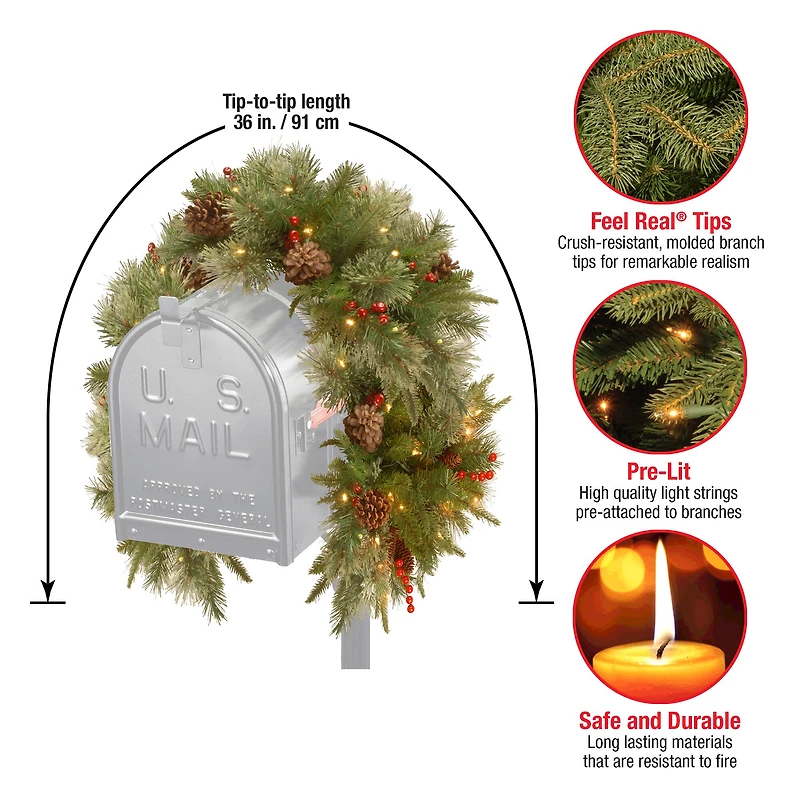 3ft. Pre-Lit Feel Real® Pinecone & Berry Colonial Artificial Christmas Mail Box Swag, Warm White LED Lights