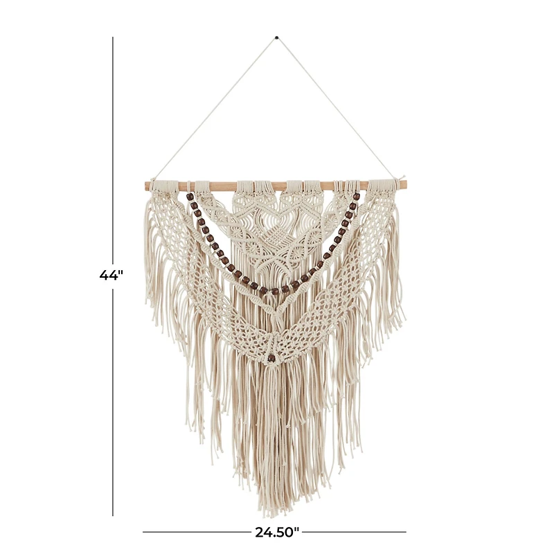Cream Cotton Intricately Weaved Macrame Wall Decor with Beaded Fringe Tassels 25" x 1" x 44"