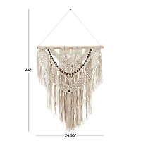 Cream Cotton Intricately Weaved Macrame Wall Decor with Beaded Fringe Tassels 25" x 1" x 44"