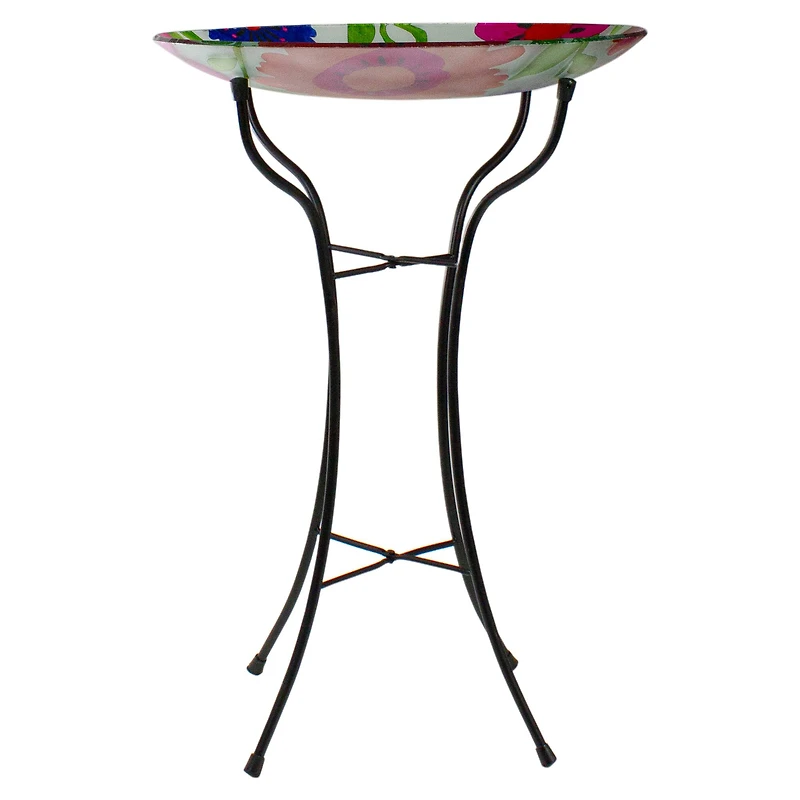 18'' Red and Blue Summer Flowers Hand Painted Glass Birdbath